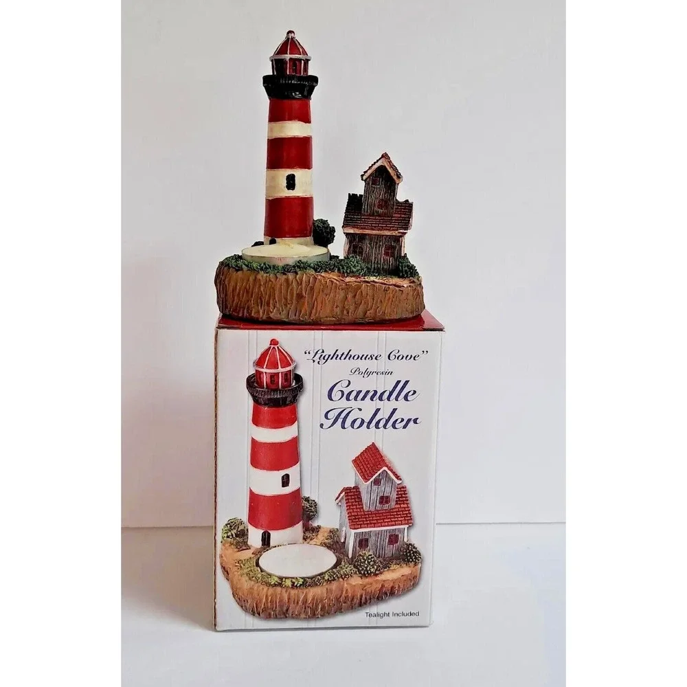 Giftco Lighthouse Cove Polyresin Candle Holder Red White Coastal Decor Tealight